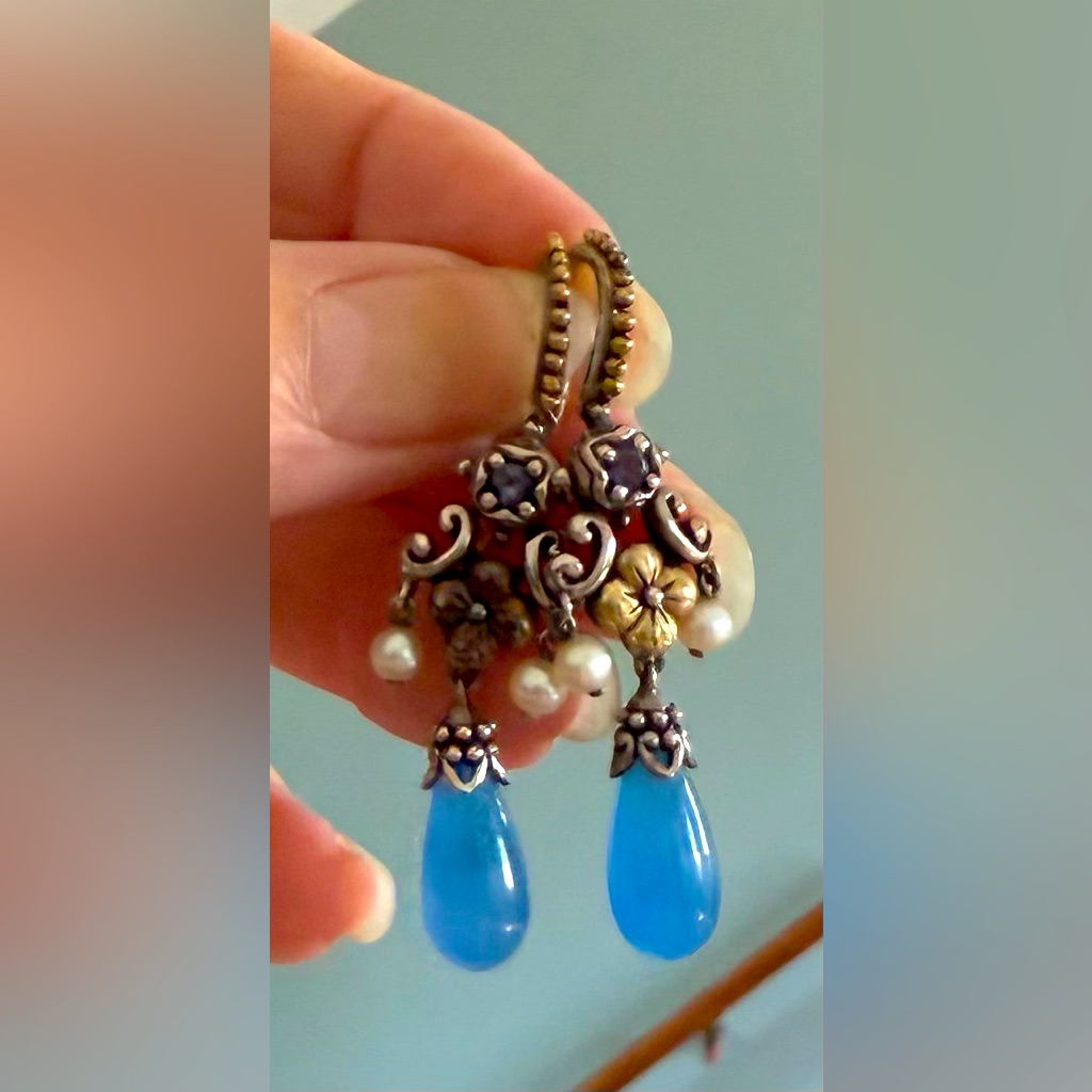 Barbara Bixby Sterling & 18k Gold Blue Jade Pearl & More Dange Earrings